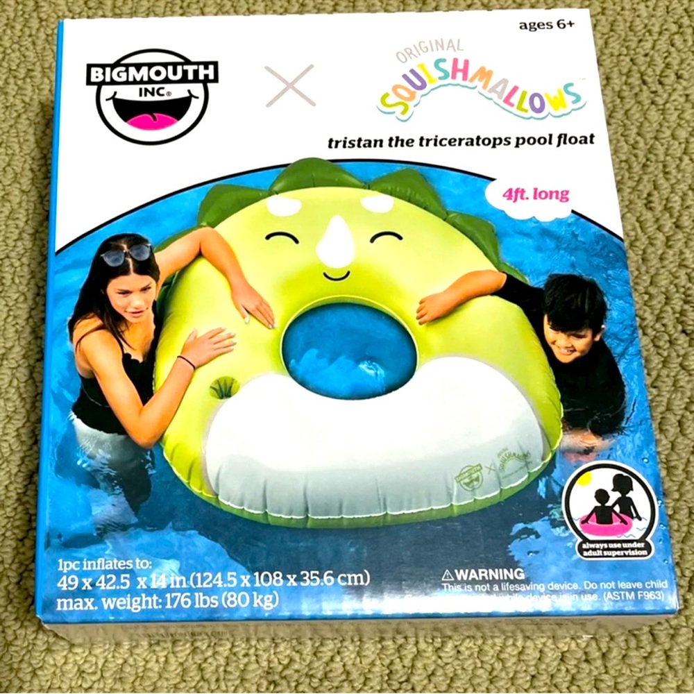 New Squishmallow x Bigmouth inflatable Tristan the Triceratops pool float